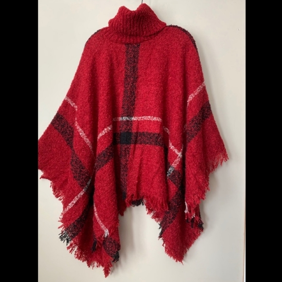 Easy On Me Plaid Turtleneck Poncho - Red - Picture 10 of 10
